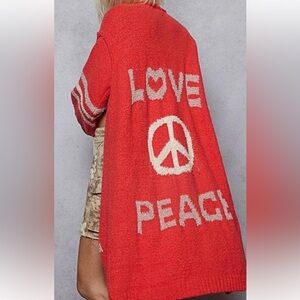 POL long v neck Red cardigan Love and Peace Graphic sweater